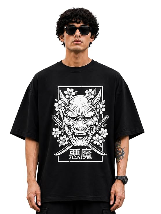 Akuma Oni Mask Black Graphic T-Shirt