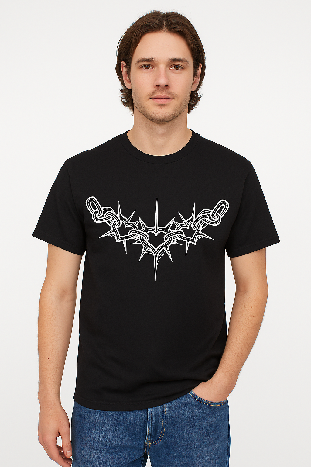Chain Heart Barbed Tee — Black | M23 Minimal Streetwear (Unisex)