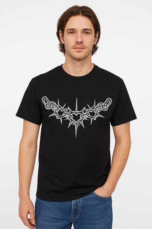 Chain Heart Barbed Tee — Black | M23 Minimal Streetwear (Unisex)